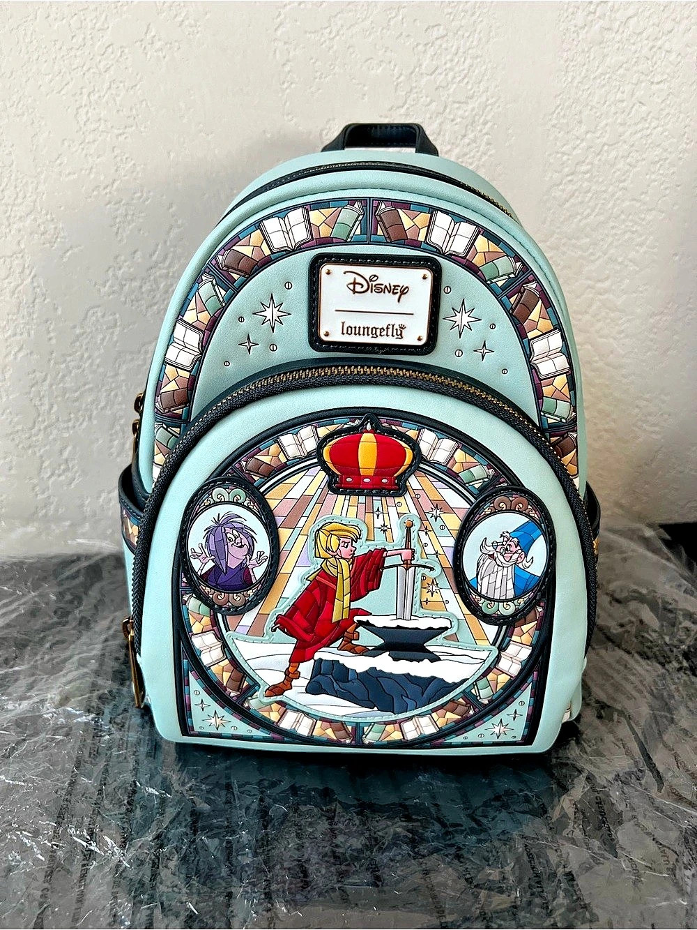 Loungefly Disney The Sword in the Stone Stained Glass Portrait Mini Backpack NWT